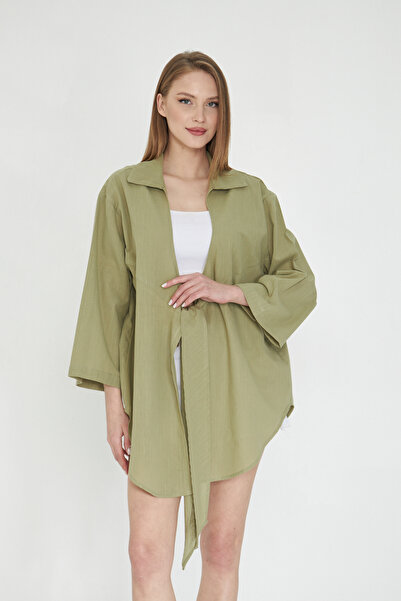 SevdeUgur Дамска ленена кимоно риза с връзване в цвят каки / Sevde Ugur