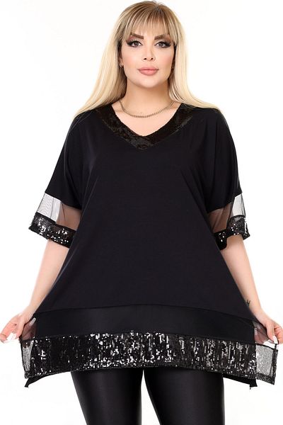 Kheos V-Neck Short Sleeve Hem Neckline and Sleeve Sequin Sequin Tulle Deyat Casual Flowy Cutout Style Blouse with Slit