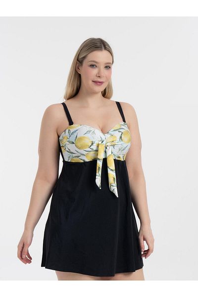 AQUAVİVA Aquaviva Women's Plus Size Black Lemon Print Gloria Gathering Bow Dress Swimsuit