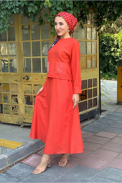 Moda Rosa 25Y3589 - Light Red - Sequin Detailed Skirt Suit