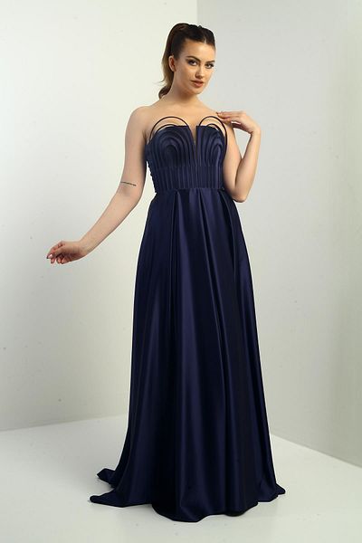 By Saygı Women's Strapless Lined Front Underwire Pocket Flared Long Satin Evening Dress