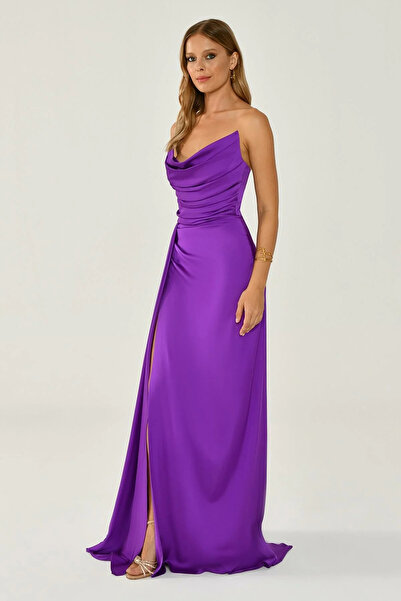 ALFABETA KADIN ABİYE KAYIK YAKA YIRTMAÇLI SATEN ELBİSE