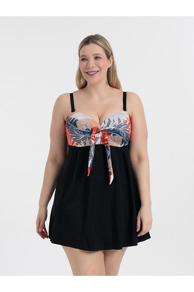 AQUAVİVA Aquaviva Women's Plus Size Leaf Pattern Gloria Gathering Bow Dress Swimsuit