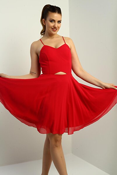 By Saygı Women's Rope Strap Back Tie Front Window Lined Chiffon Short Flared Dress