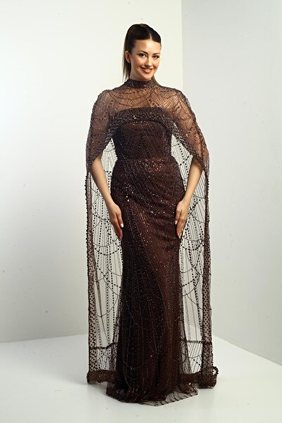 By Saygı Women Strapless Stone-Sequin Embroidered Cape Lined Long Evening Dress