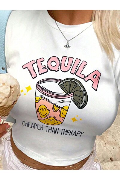 OVER HEAD Tricou Crop pentru femei Emoji Tequila cu imprimeu alb