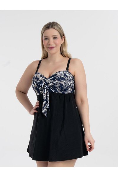 AQUAVİVA Aquaviva Women Black Gray Navy Blue Pattern Plus Size Gathering Bow Dress