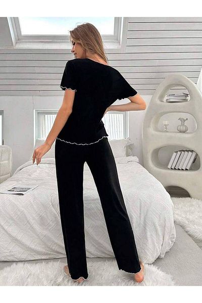 MEYLİYA Set pijama din viscoză cu mânecă scurtă pentru femei, cu fundă, culoare neagră BADGIRL