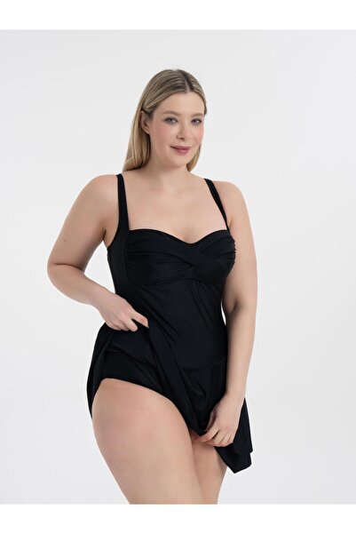 AQUAVİVA Aquaviva Women's Plus Size Black Lenora Draped Gathering Dress Swimsuit