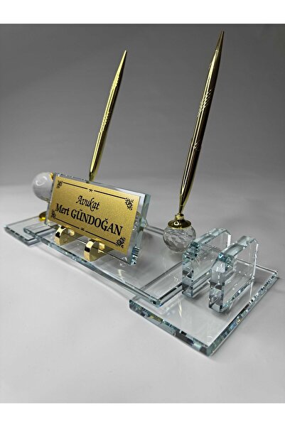 Gündoğan Kristal Cam Masaüstü Şeffaf Isimlik Seti Çift Ayak Dünya Figürlü Öze...