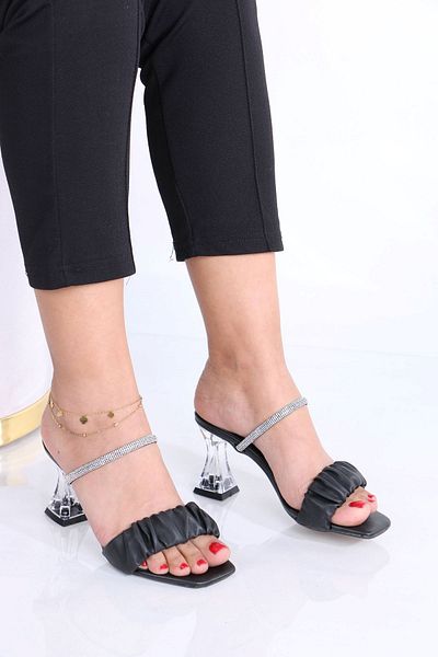 sefayol Hector Black Matte Leather Stone Heeled Women's Slippers