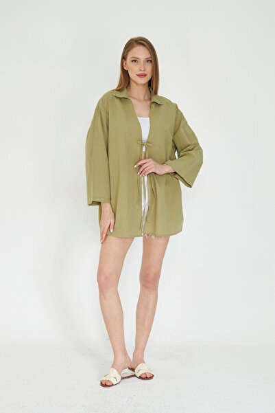 SevdeUgur Χακί Λινό Γυναικείο Κιμονό- Κορδόνια και δέσιμο