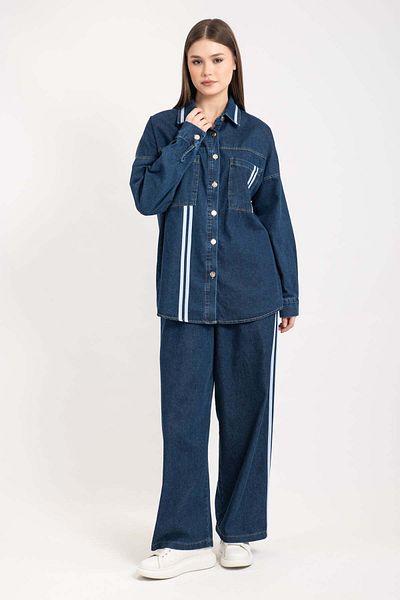 Hatun Atila Women's Stripe Detailed Pocket Denim Double Set Dark 8735 - Dark Blue
