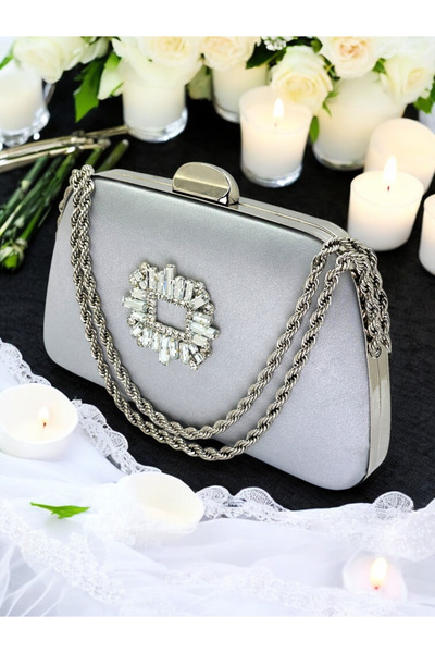 MidStore Special Design Gray Color Satin Chain Handle Silver Crystal Stone Ha...