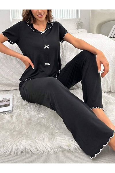 MEYLİYA Set pijama din viscoză cu mânecă scurtă pentru femei, cu fundă, culoare neagră BADGIRL