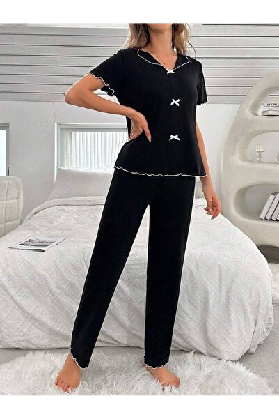 AURASTİL Set pijama Viscon pentru femei - Detaliu fundita cu maneca scurta BADGIRL