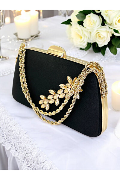 Biçanta Özel Tasarım Siyah Renk Saten Zincir Saplı Gümüş Kristal Taşlı Saplı ...