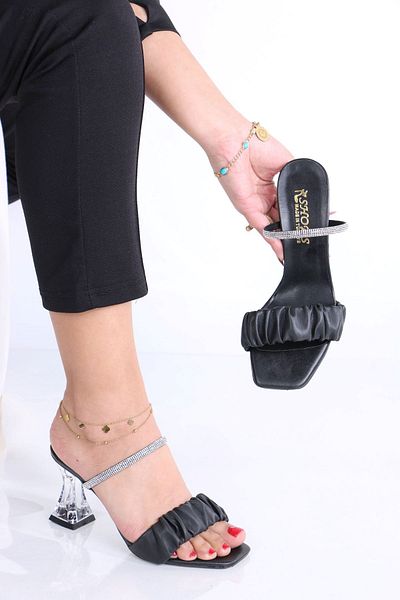 sefayol Hector Black Matte Leather Stone Heeled Women's Slippers