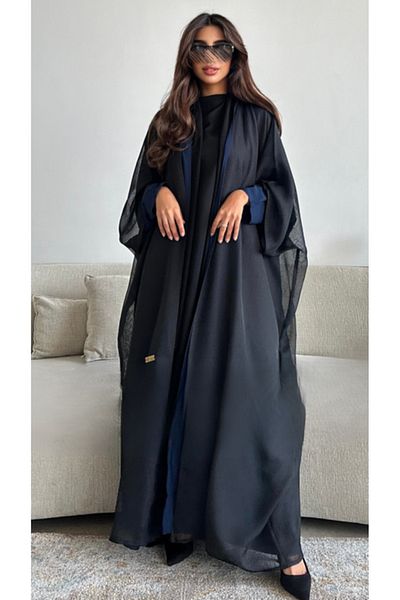 outline Elegant navy blue chiffon crepe abaya with sleeves