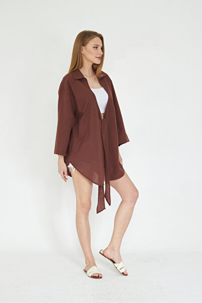 SevdeUgur Дамска кафява ленена кимоно риза / Sevde Ugur