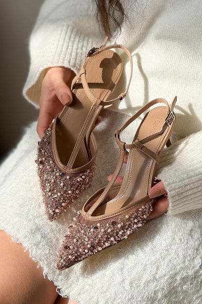 NİŞANTAŞI SHOES Asrall Nude Mesh Bead Detaillierte spitze Zehen-Knöchel-Schnürschuhe für Damen mit Absatz