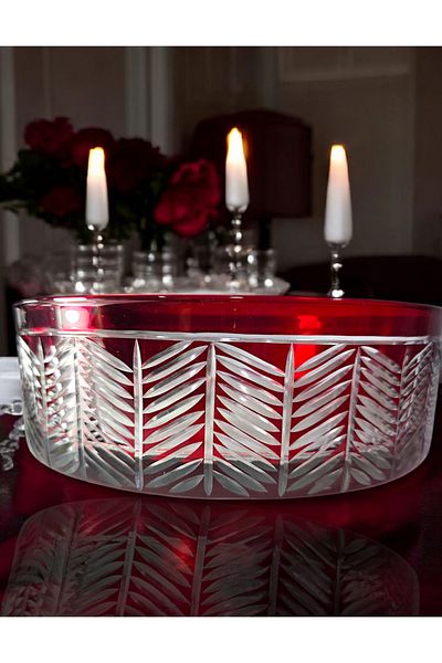 AYZ HOME Red Cut Crystal Presentation Bowl 25 Cm