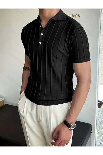 The AlpAli Men's Short Sleeve Collared Front Button Knitwear Blouse