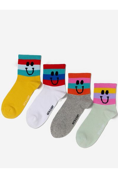 Katia&Bony Children's Smiling Face Patterned 4 Pack Step Socks Multicolored