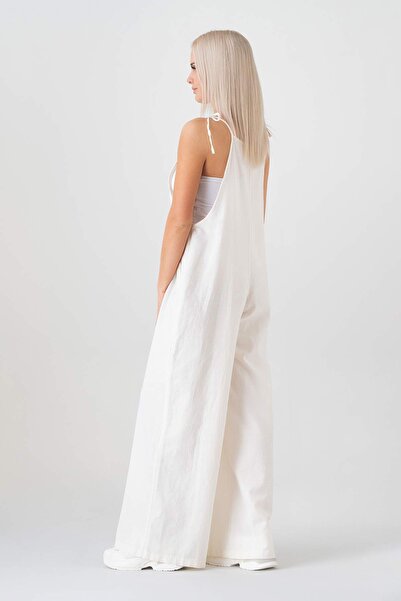 Fashion Showcase Λευκό λινό Salopet - Λεπτομέρεια από την τσέπη