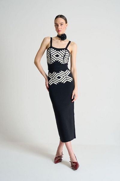 Viyamo Jacquard Thin Strap Suit - Black and White Apricot