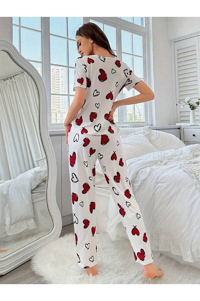 AURASTİL Women Short Sleeve Pants Pajamas Set Supremecotton Combed Heart Pattern Black Red Heart Ke