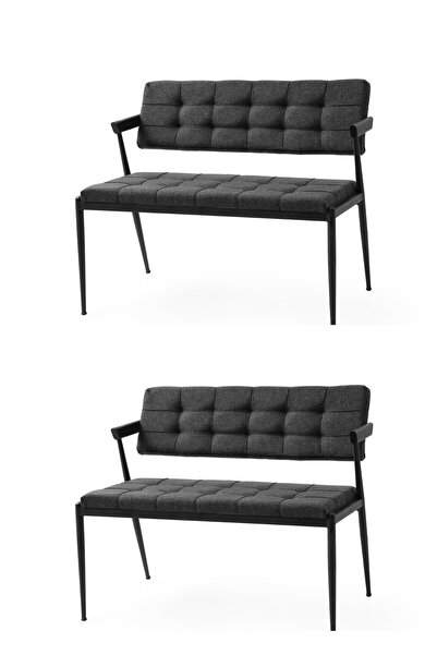 Viento Mobilya 2 Adet Jumbo Sırtlı Bench Keten Kumaş Siyah Metal Ayak