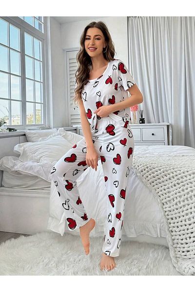 MEYLİYA Women's Short Sleeve Pajama Set - Suprem Softee Ke Heart Black and White