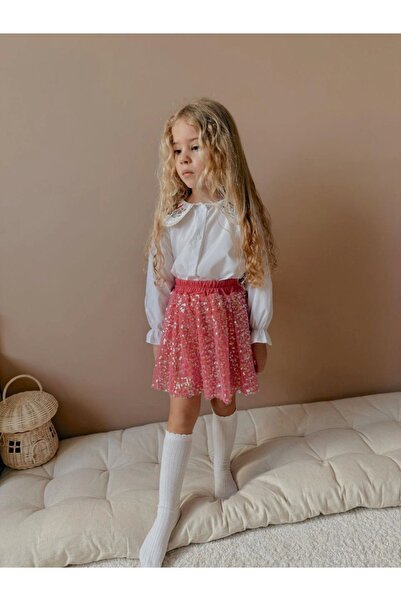 Kidmark Çocuk Modası Girl's Pink Sequin Skirt Embroidered Shirt Set