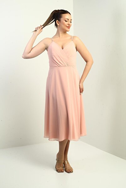 By Saygı Women's Rope Strap Double Breasted Neck Lined Back Lace up Flared Chiffon Dress