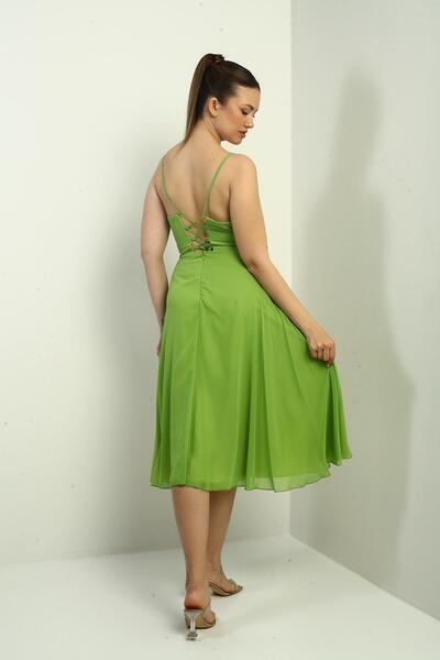 By Saygı Women's Rope Strap Double Breasted Neck Lined Back Lace up Flared Chiffon Dress