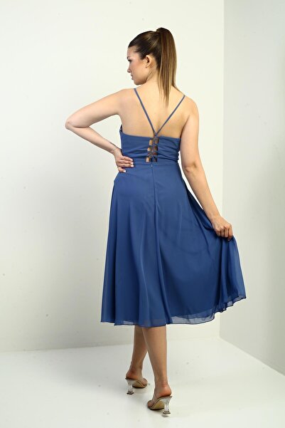 By Saygı Women's Rope Strap Double Breasted Neck Lined Back Lace up Flared Chiffon Dress