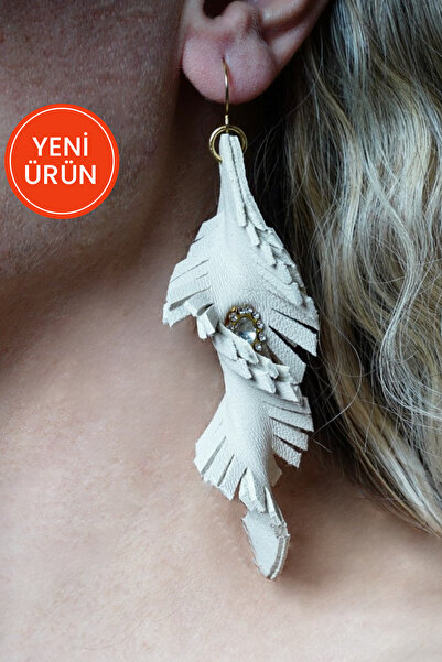 Kadın Hakiki Deri El İşçiliği Tektaş Detaylı Özel Tasarım Küpe