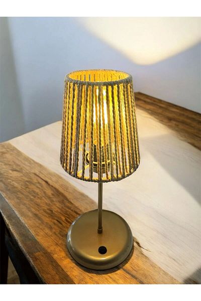 CONANA Lyris - Macrame Lampshade, Mini Table Lamp (Dark Beige Head, Gold Foot)