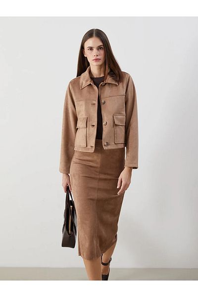 LC Waikiki Lcw Vision Beige Shirt Collar Women's Suede Look Jacket
