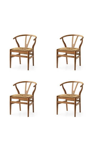 Viento Mobilya 4 Adet Wishbone Sandalye Ceviz Ahşap İskelet Hasır Oturum