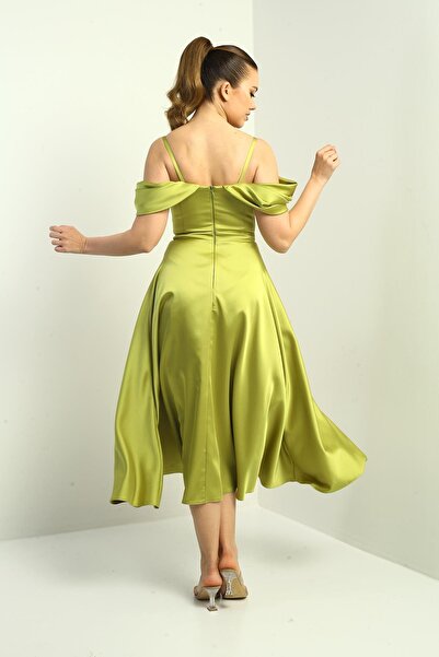 By Saygı Women's Rope Strap Low Sleeve Lined Pleated Satin Flared Long Dress