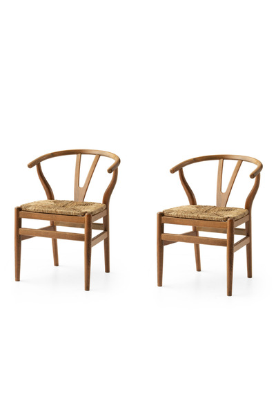 Viento Mobilya 2 Adet Wishbone Sandalye Ceviz Ahşap İskelet Hasır Oturum
