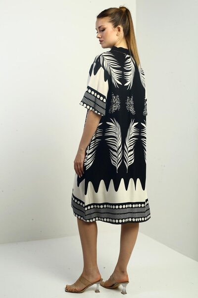 By Saygı Women's Leaf Patterned Oversize Short Dress with Pockets
