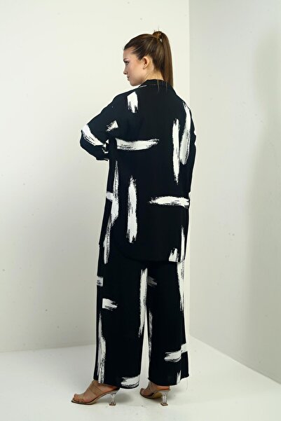 By Saygı Women's Side Slit Tunic Shirt Elastic Waist Pocket Paazzo Trousers Brush Pattern Oversize 2-Piece t