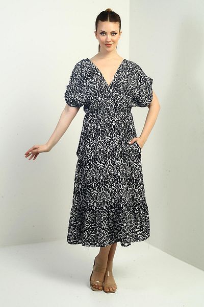 By Saygı Rochie cu volane cu model etnic, cu buzunare, cu decolteu în V, în față, în spate
