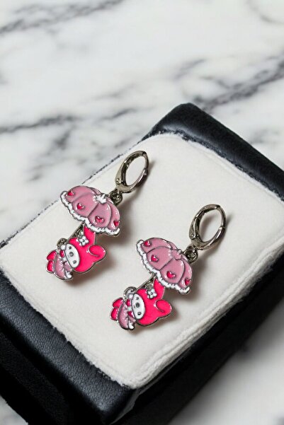 MakeWell Pembe Şemsiyeli Kuromi Tasarımlı Gümüş Kaplama Çocuk Kuromi Küpe Sallantılı Çocuk Küpe