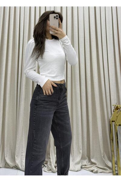 Daves Στρογγυλή λαιμόκοψη μπαλόνι μανίκι ελαστική βαμβακερή μπλούζα-Λευκή