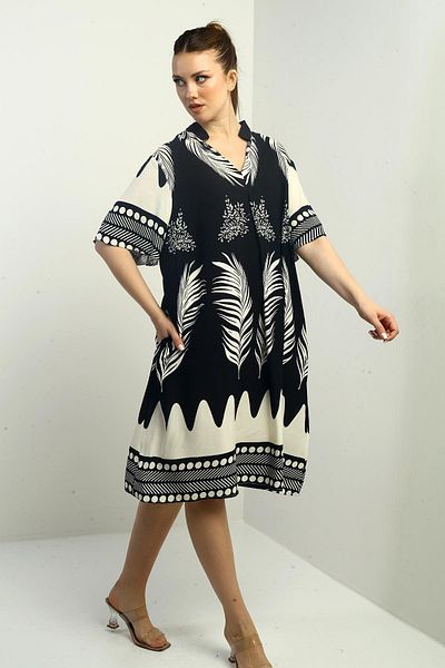 By Saygı Rochie scurtă oversize cu model de frunze pentru femei, cu buzunare