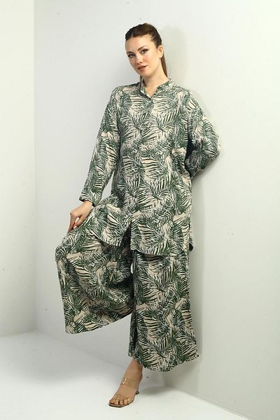 By Saygı Women's Oversize 2' Tunic, Elastic Waist, Palazzo and Leaf Pattern